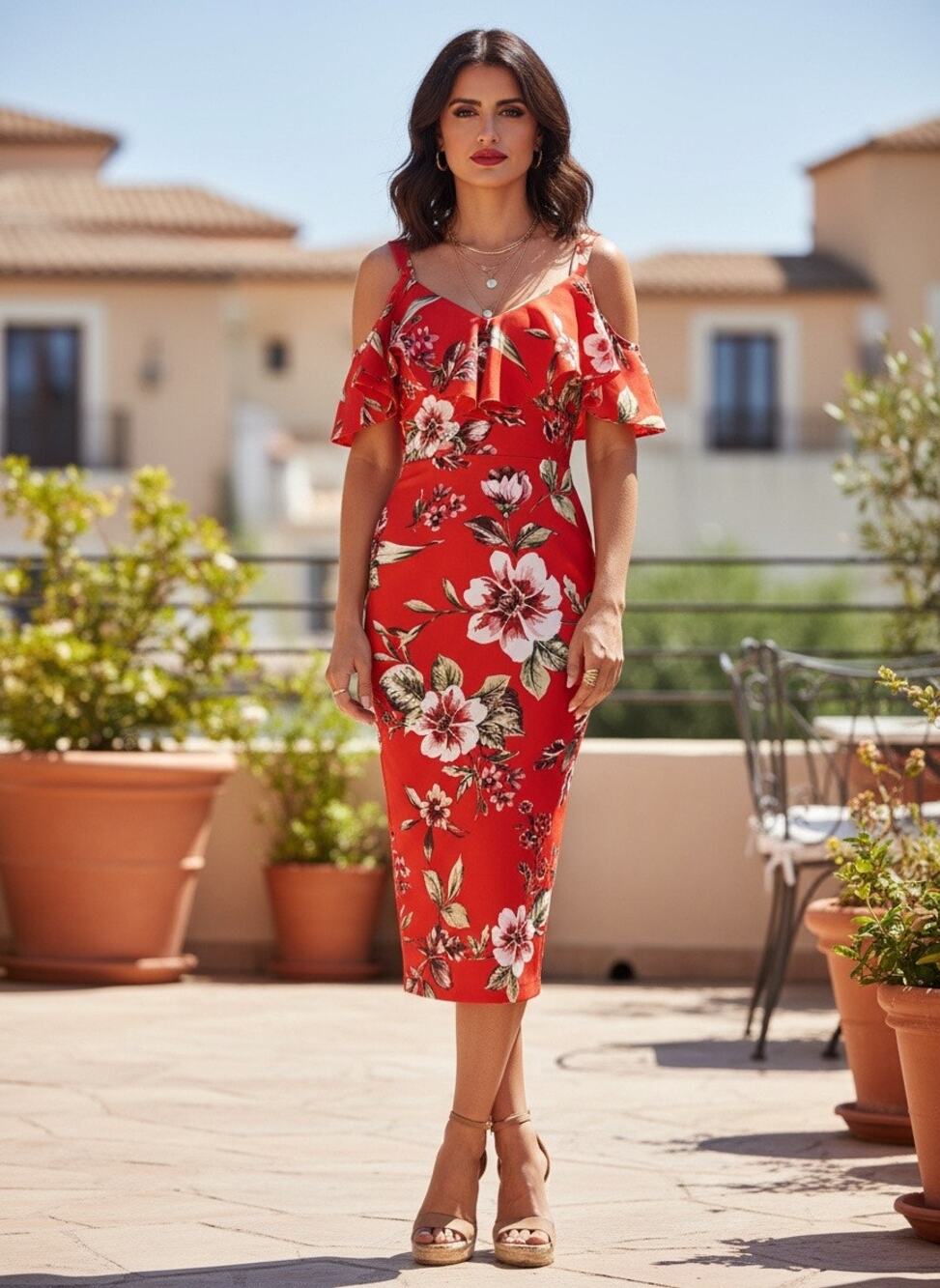 Rachel Roy Red Floral Ruffle Midi Dress